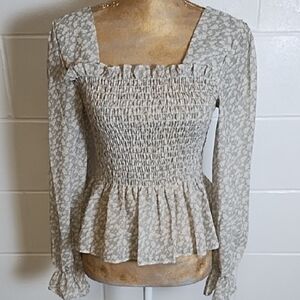 Elegant Feminine Pastel Green Smocked Blouse with Back Detail & Sleeves